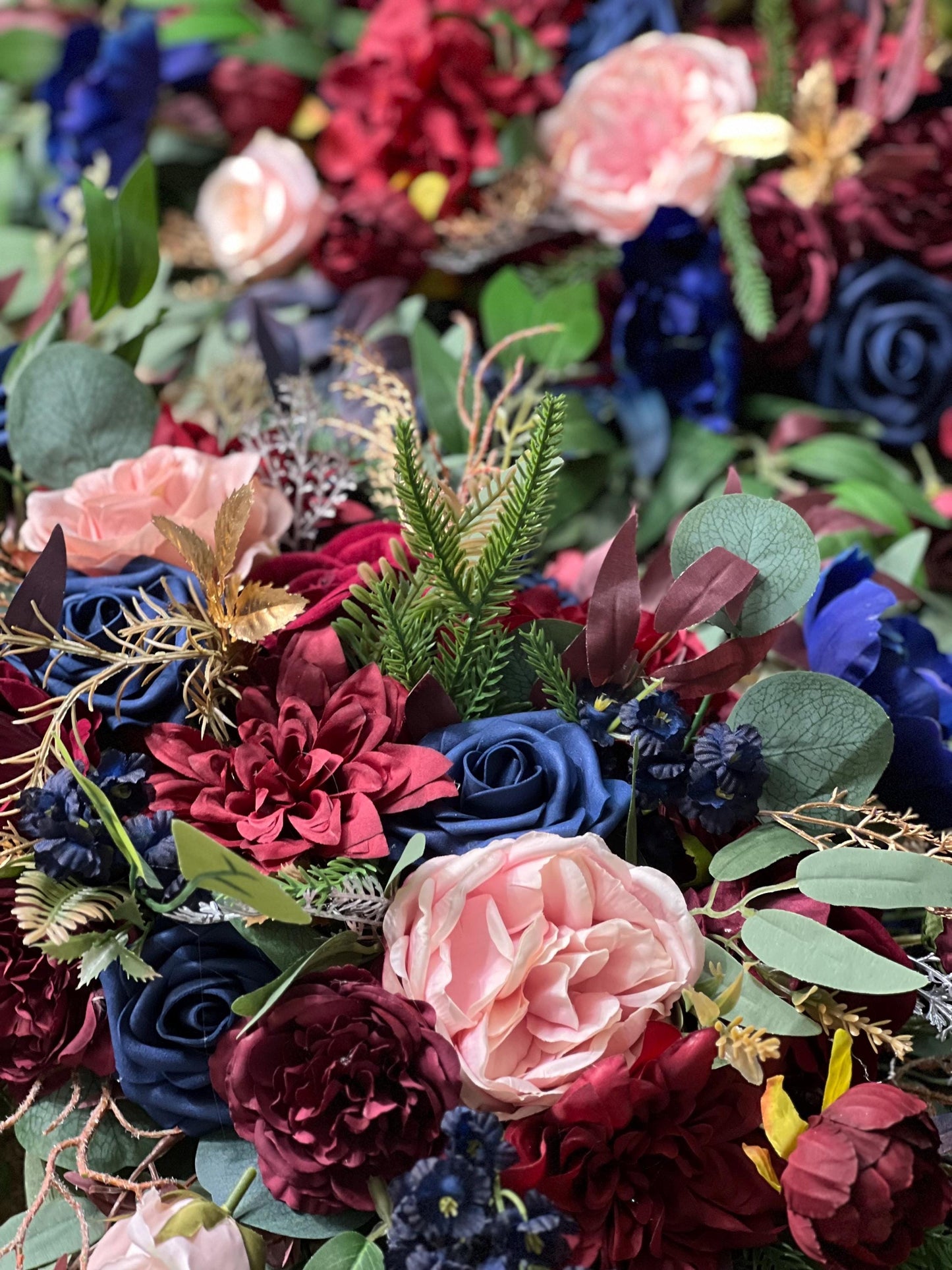 Burgundy Navy Blue Blush Arch Arrangements, Wedding Rustic Blue Dark Red Arbor Arrangement Ties