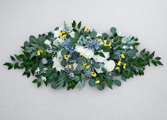 Dusty Blue White Arch Arrangement, Wedding Yellow Sunflowers Arbor Arrangement, Ceremony Decor Backdrop Flowers