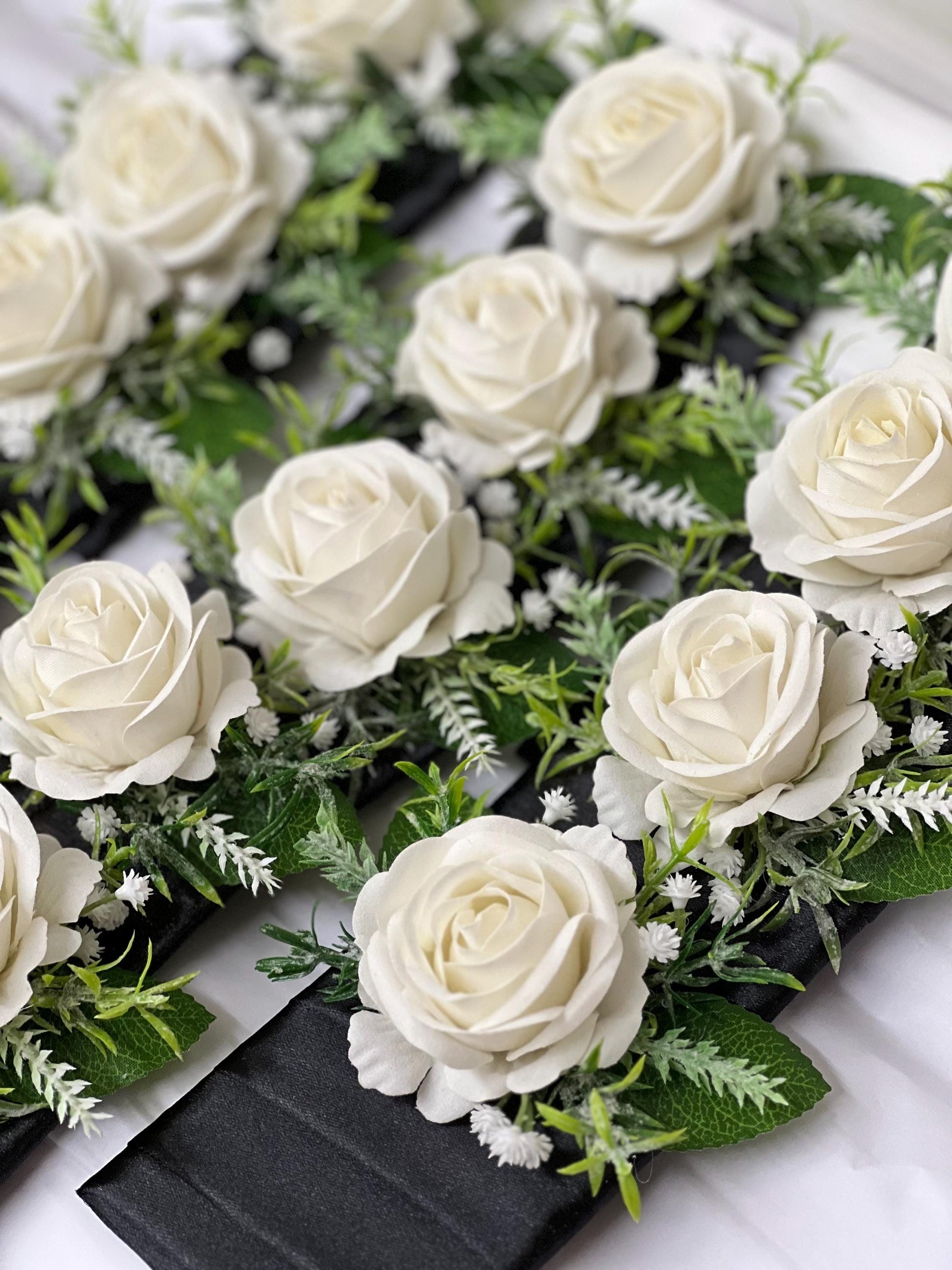 White Pocket Boutonnière, Wedding Groom Single Rose Square Boutonnière, Groomsmen Ivory Rose Eucalyptus Greenery