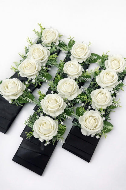 White Pocket Boutonnière, Wedding Groom Single Rose Square Boutonnière, Groomsmen Ivory Rose Eucalyptus Greenery