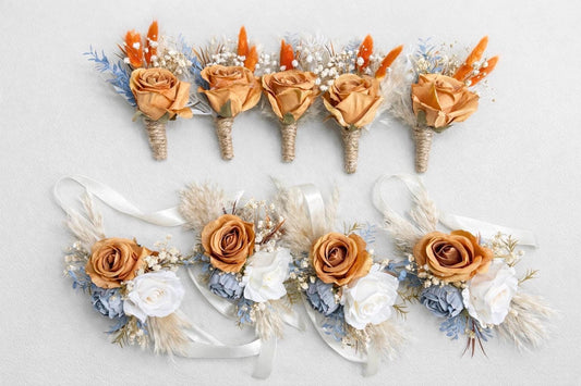 Burnt Orange Dusty Blue Corsage, Wedding Boho Bridesmaids Wrist Corsage Terracotta White Blue