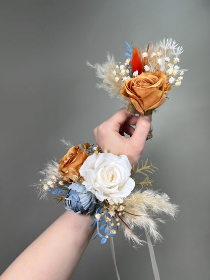Burnt Orange Dusty Blue Corsage, Wedding Boho Bridesmaids Wrist Corsage Terracotta White Blue