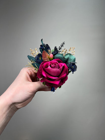 Jewel Tone Boutonniere, Wedding Fuchsia Deep Magenta Groom Boutonnière Groomsmen