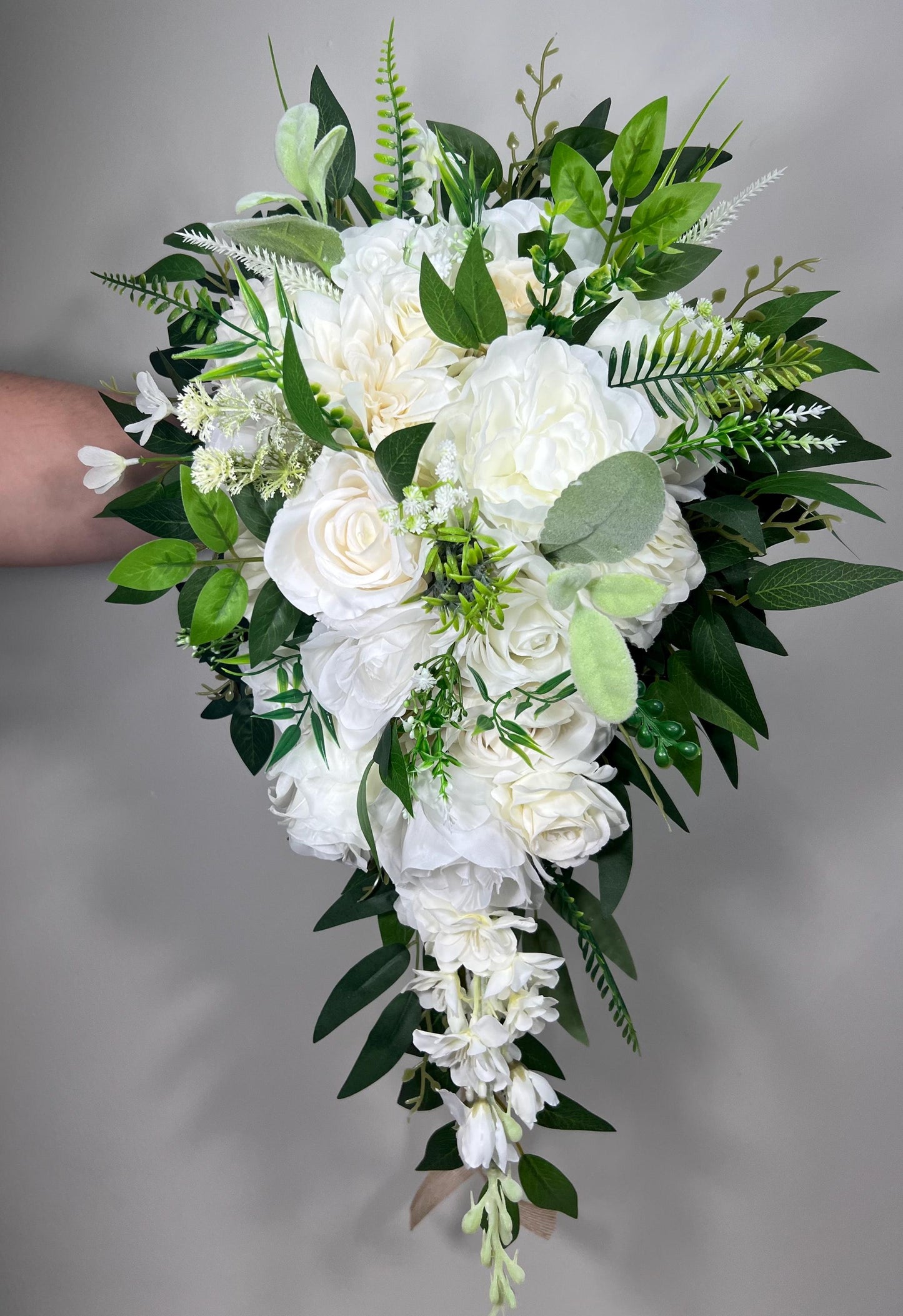 White Cascading Bouquet, Wedding Bridal Cascade Bouquet, Bridesmaids Ivory Rose Classic Flowers