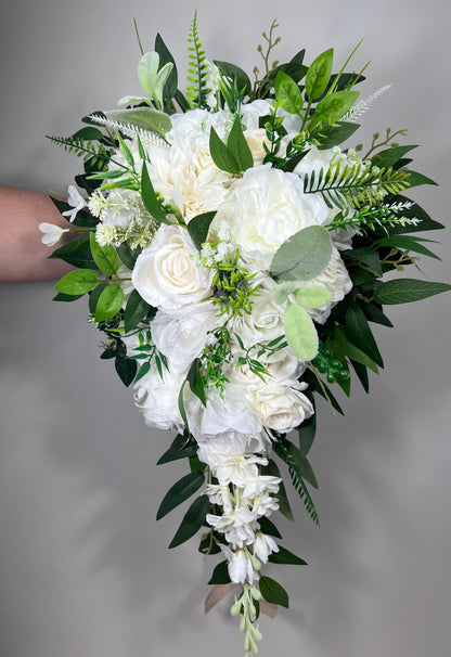 White Cascading Bouquet, Wedding Bridal Cascade Bouquet, Bridesmaids Ivory Rose Classic Flowers