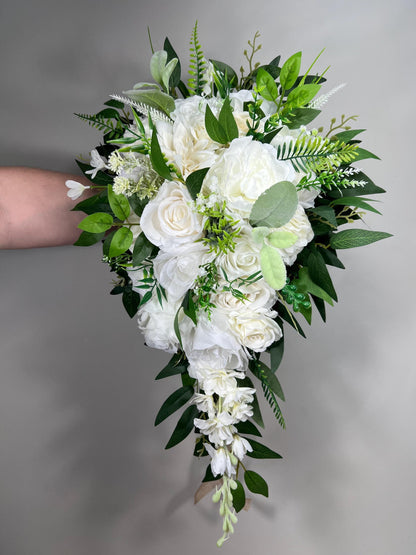 White Cascading Bouquet, Wedding Bridal Cascade Bouquet, Bridesmaids Ivory Rose Classic Flowers