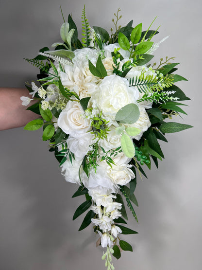 White Cascading Bouquet, Wedding Bridal Cascade Bouquet, Bridesmaids Ivory Rose Classic Flowers
