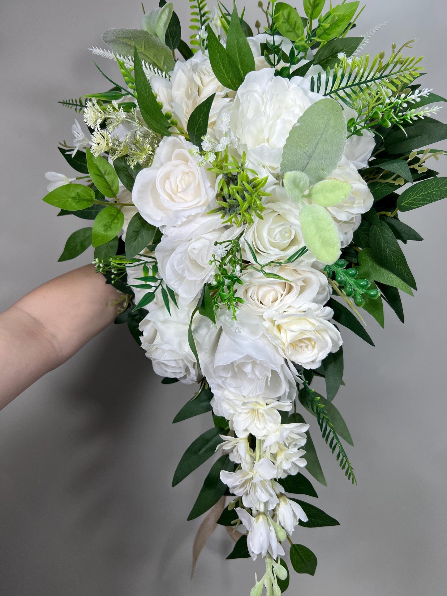 White Cascading Bouquet, Wedding Bridal Cascade Bouquet, Bridesmaids Ivory Rose Classic Flowers