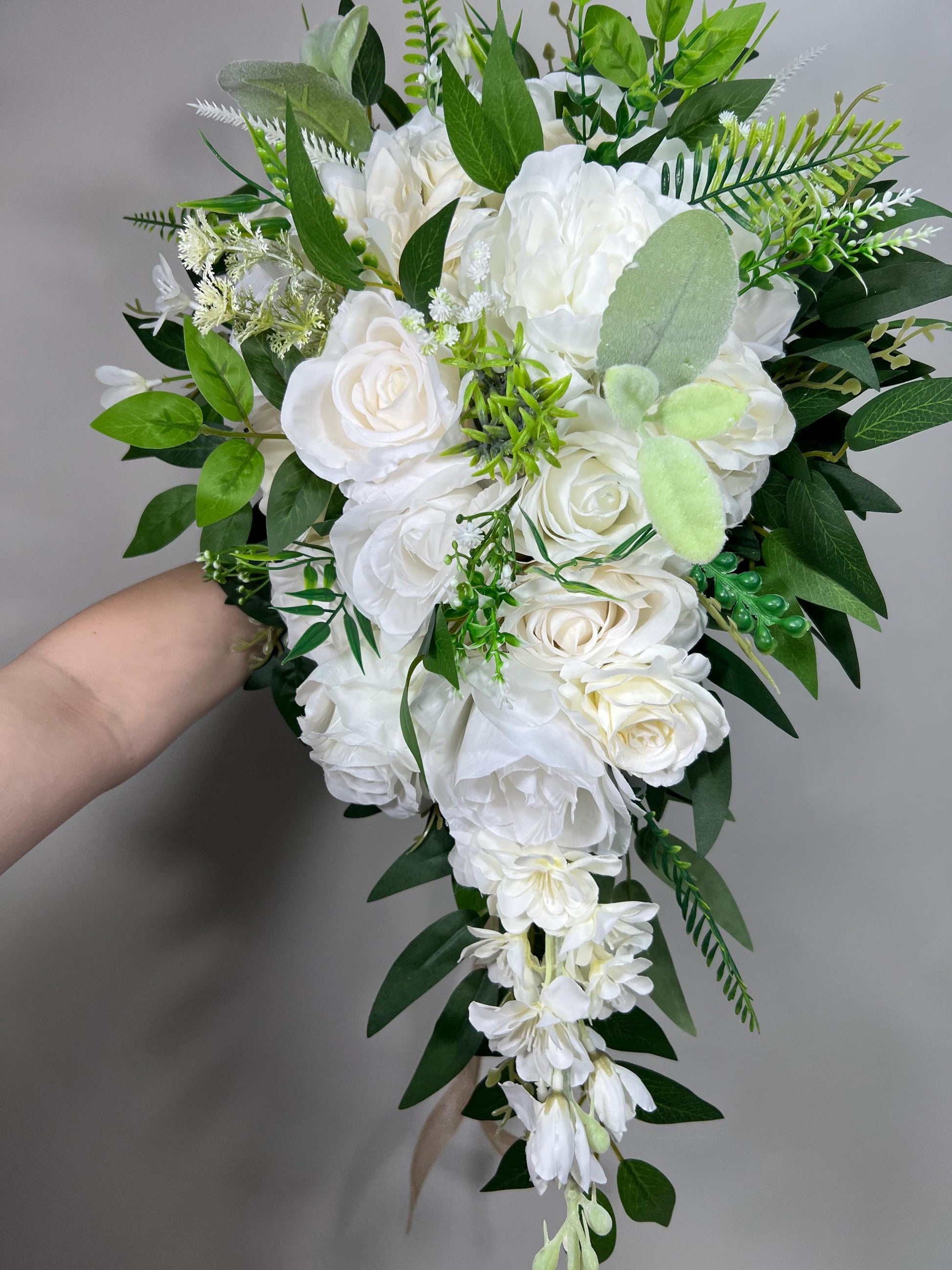 White Cascading Bouquet, Wedding Bridal Cascade Bouquet, Bridesmaids Ivory Rose Classic Flowers