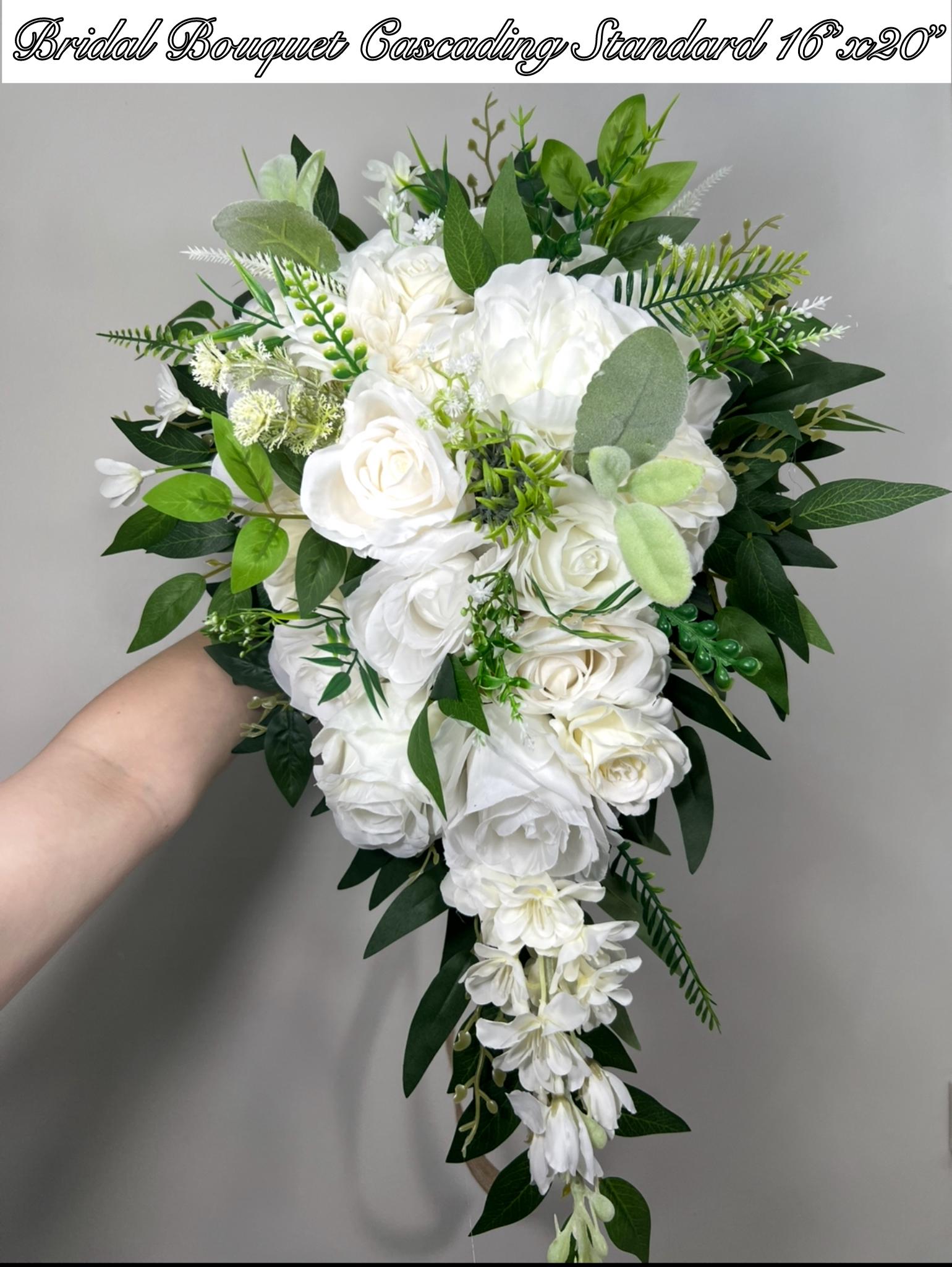 White Cascading Bouquet, Wedding Bridal Cascade Bouquet, Bridesmaids Ivory Rose Classic Flowers