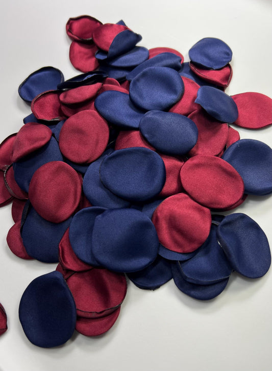 Burgundy Navy Blue Gold Petals, Wedding Rose Petals Satin, Blue Dark Red Satin Petals, Aisle Petals Silk