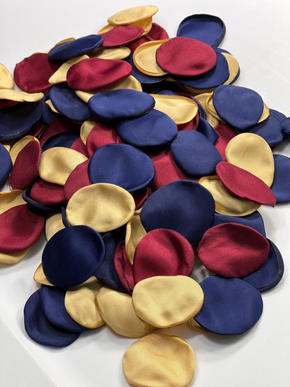 Burgundy Navy Blue Gold Petals, Wedding Rose Petals Satin, Blue Dark Red Satin Petals, Aisle Petals Silk