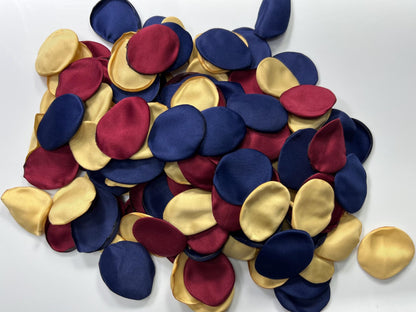 Burgundy Navy Blue Gold Petals, Wedding Rose Petals Satin, Blue Dark Red Satin Petals, Aisle Petals Silk