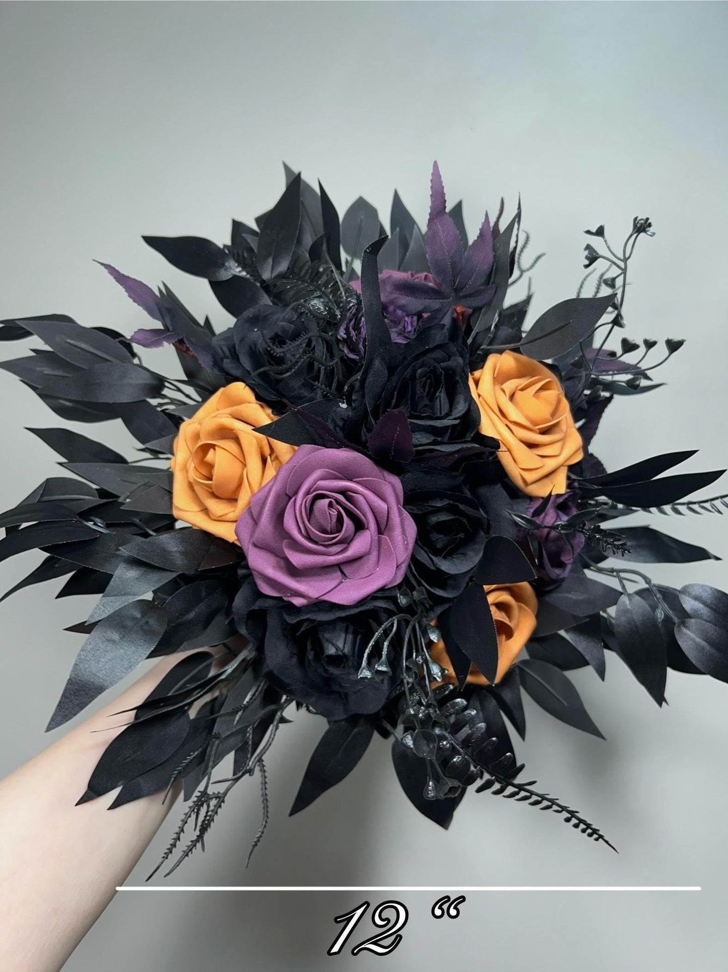 Black Purple Orange Halloween Bouquet, Wedding Plum Black Gothic Bridal Bouquet Bridesmaids