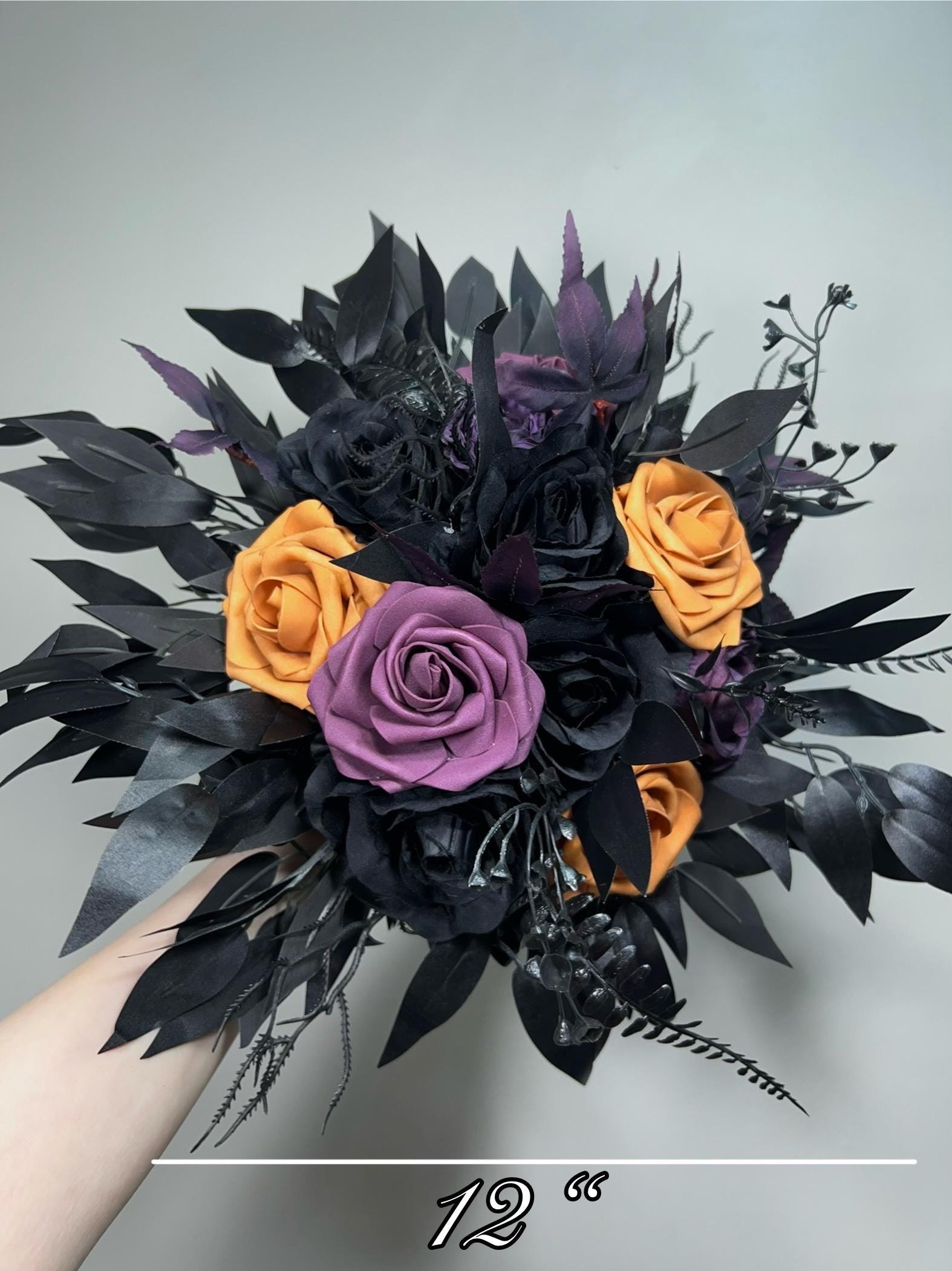 Black Purple Orange Cascading Bouquet, Wedding Plum Black Gothic Bridal Bouquet Cascade Bridesmaids