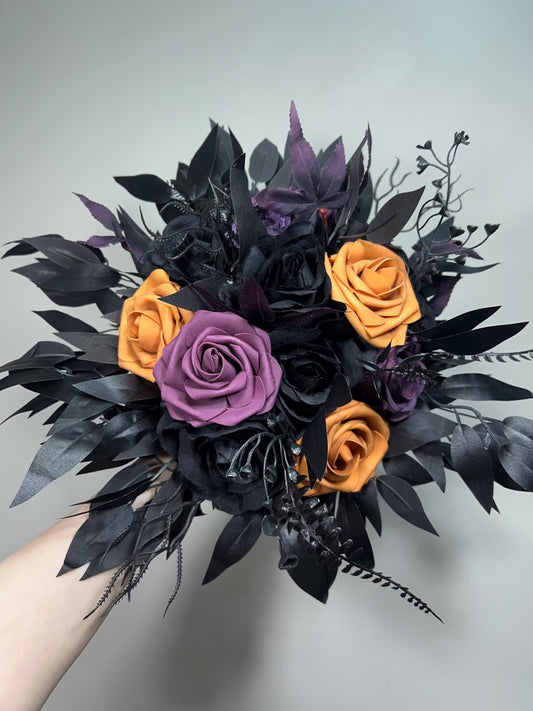 Black Purple Orange Cascading Bouquet, Wedding Plum Black Gothic Bridal Bouquet Cascade Bridesmaids