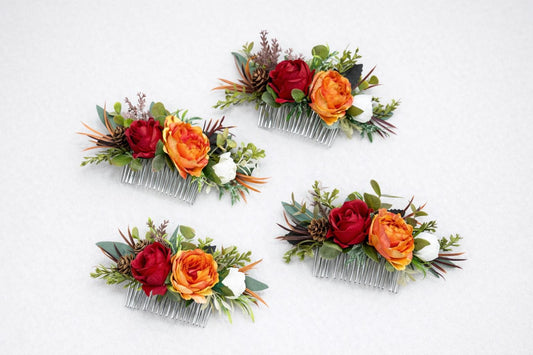 Orange Red Hair Comb, Wedding Bridal Hair Accessories, Fall Burnt Orange Terracotta Hair Flower Comb