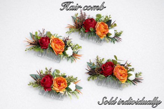 Orange Red Hair Comb, Wedding Bridal Hair Accessories, Fall Burnt Orange Terracotta Hair Flower Comb