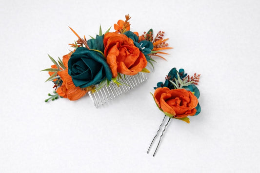 Teal Orange Hair Comb Wedding Dark Teal Terracotta Hair Floral Comb Artificial Flower Bridal Accessories Teal Blue Rust Burnt Orange Reddit