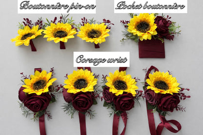 Sunflower Boutonniere Burgundy Wedding Sunflowers Boutonnière Groom Maroon Sunflower Groomamen Boutonniere Prom Yellow Sunflower Artificial