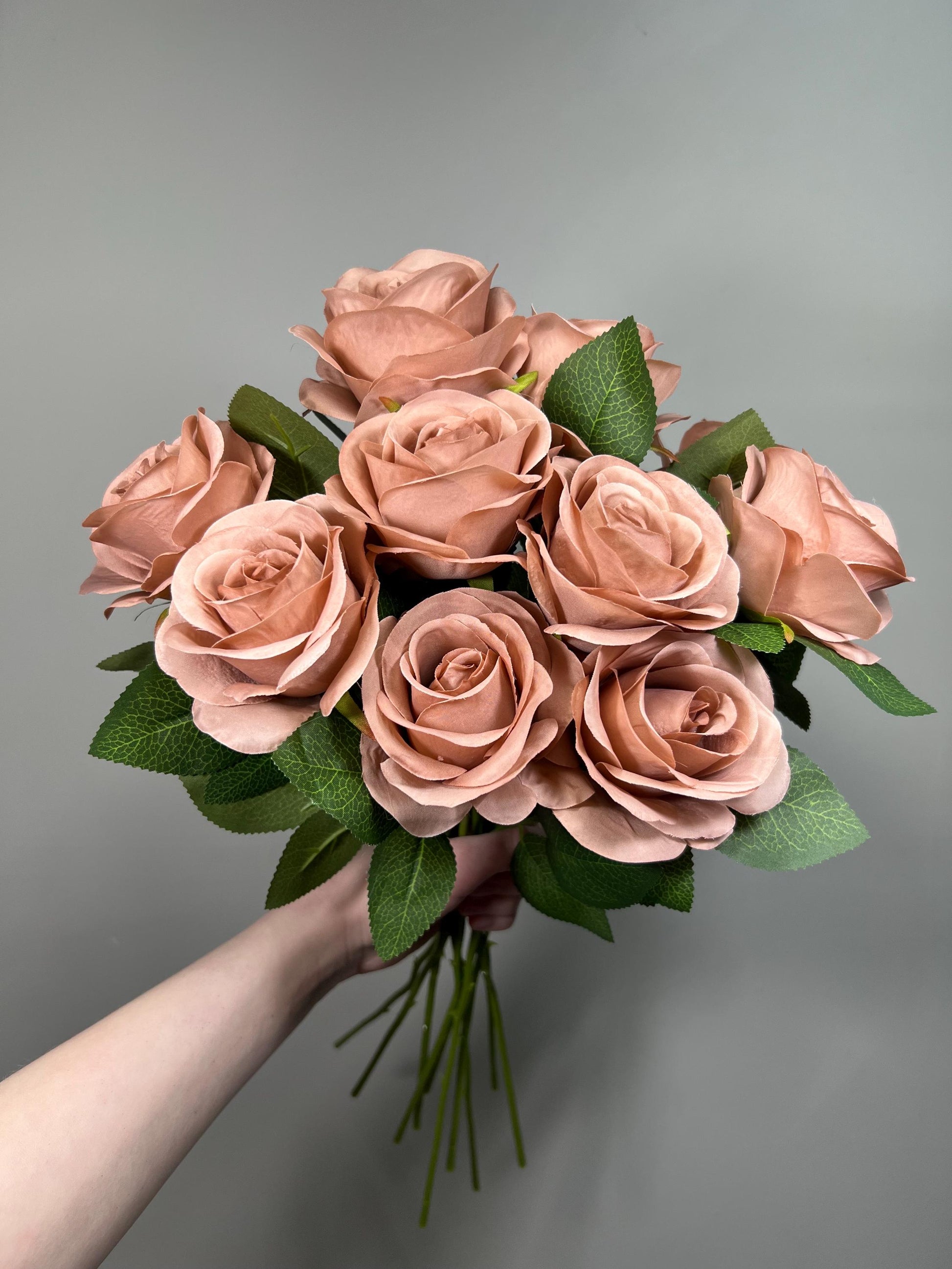 Dusty Rose Artificial Rose, Wedding Nude Blush Flower Head with Stem Leaves, Craft Supplies DIY Bouquet, Home Decor Realistic Roses