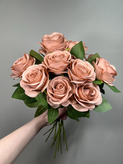 Dusty Rose Artificial Rose, Wedding Nude Blush Flower Head with Stem Leaves, Craft Supplies DIY Bouquet, Home Decor Realistic Roses