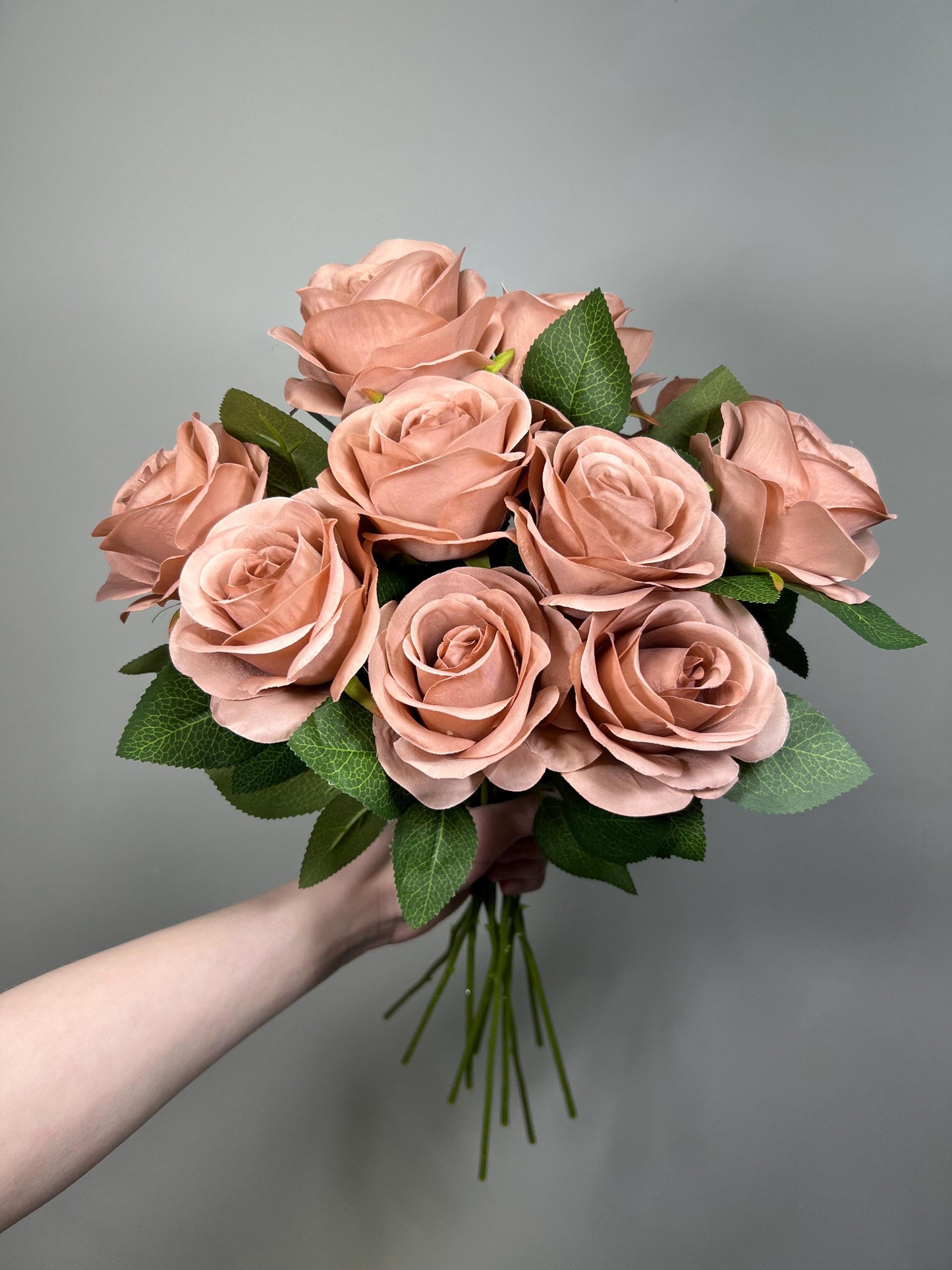 Dusty Rose Artificial Rose, Wedding Nude Blush Flower Head with Stem Leaves, Craft Supplies DIY Bouquet, Home Decor Realistic Roses