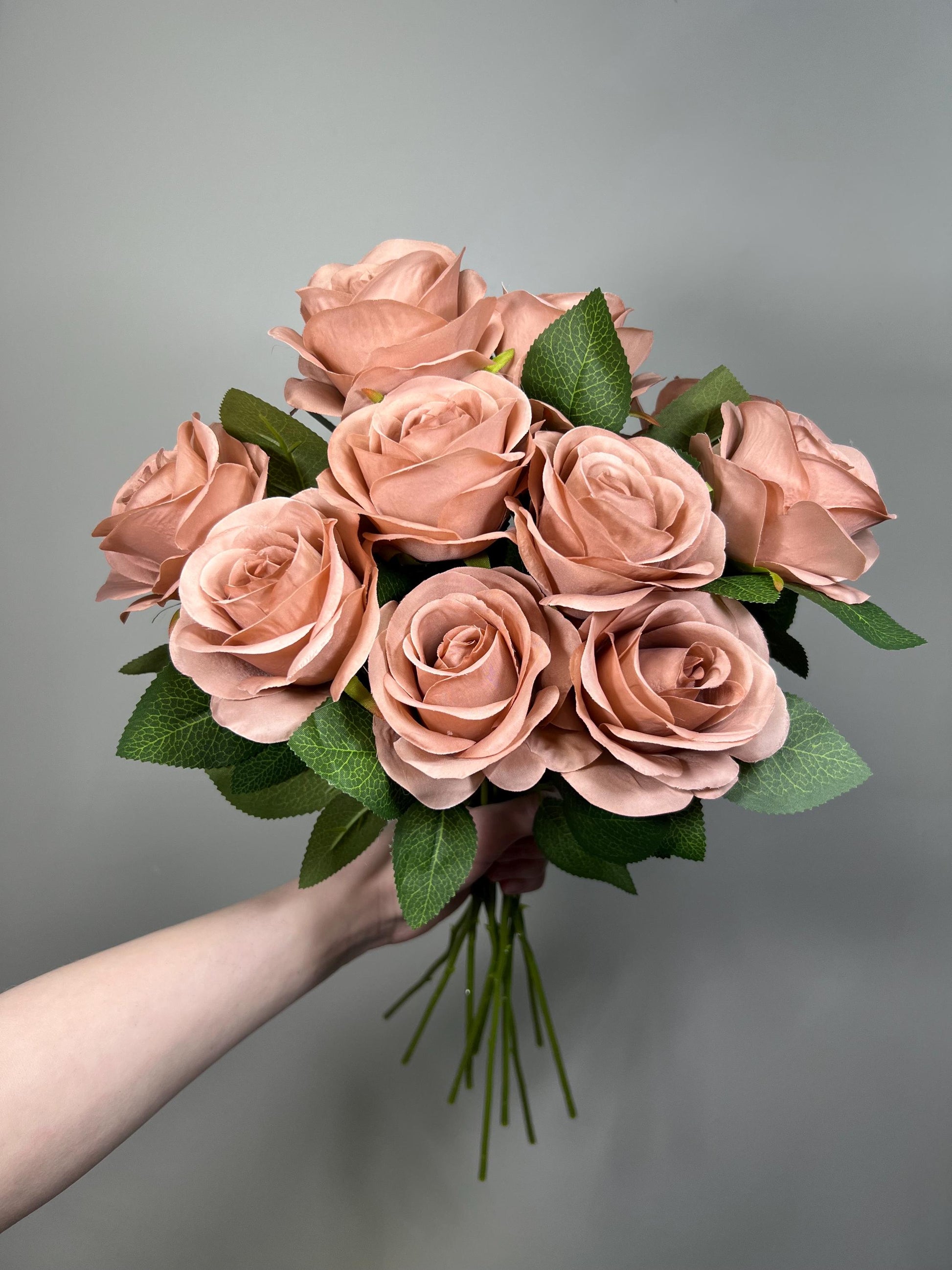 Dusty Rose Artificial Rose, Wedding Nude Blush Flower Head with Stem Leaves, Craft Supplies DIY Bouquet, Home Decor Realistic Roses