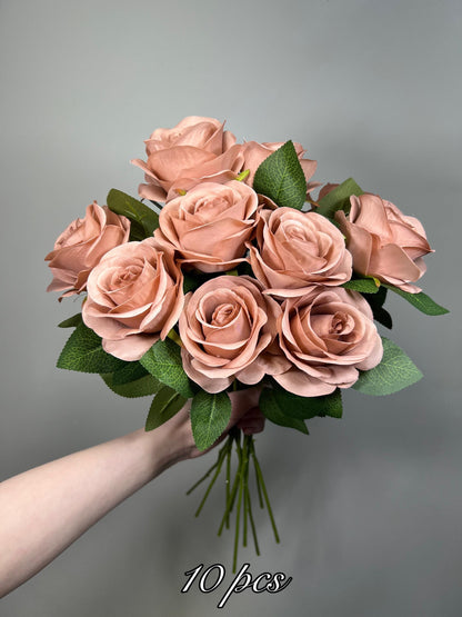 Dusty Rose Artificial Rose, Wedding Nude Blush Flower Head with Stem Leaves, Craft Supplies DIY Bouquet, Home Decor Realistic Roses