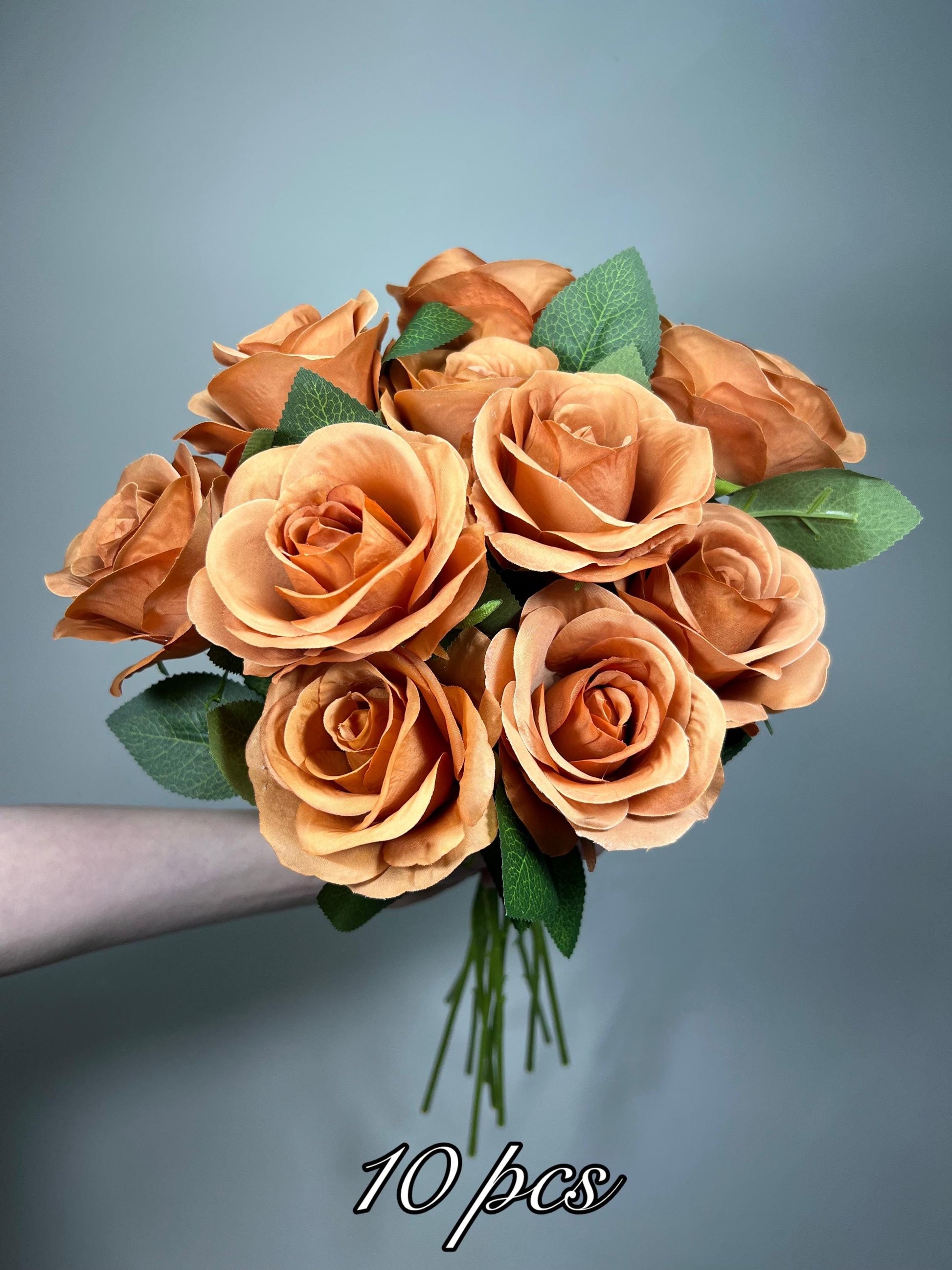 Terracotta Artificial Rose, Wedding Toffee Rose Flower Heada with Long Stem Leaves, Craft Supplies DIY Burnt Orange Bouquet, Caramel Roses