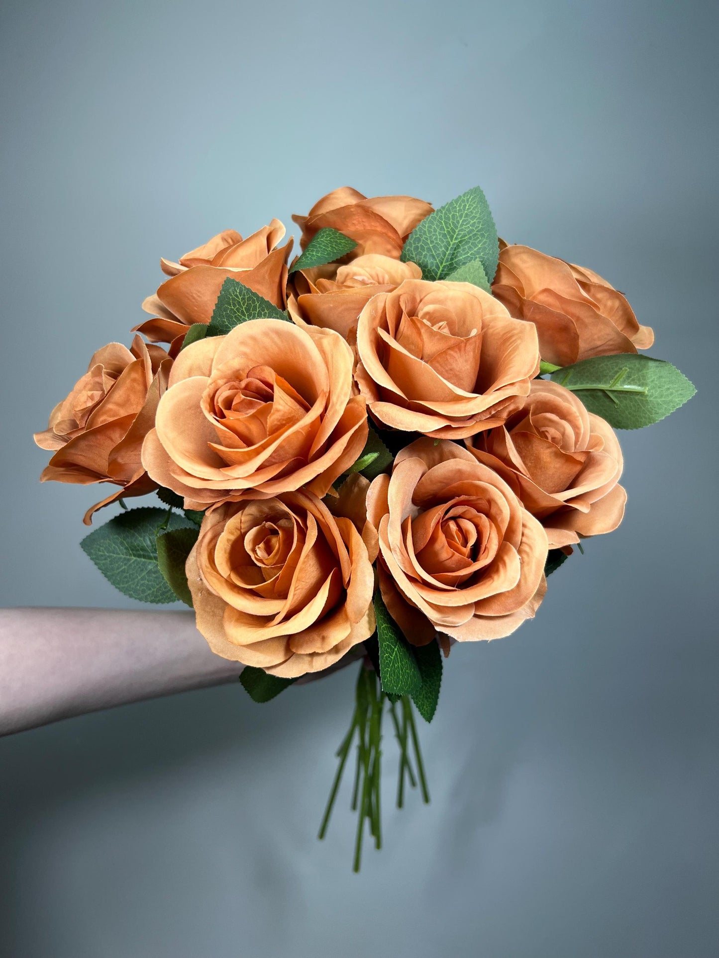Terracotta Artificial Rose, Wedding Toffee Rose Flower Heada with Long Stem Leaves, Craft Supplies DIY Burnt Orange Bouquet, Caramel Roses
