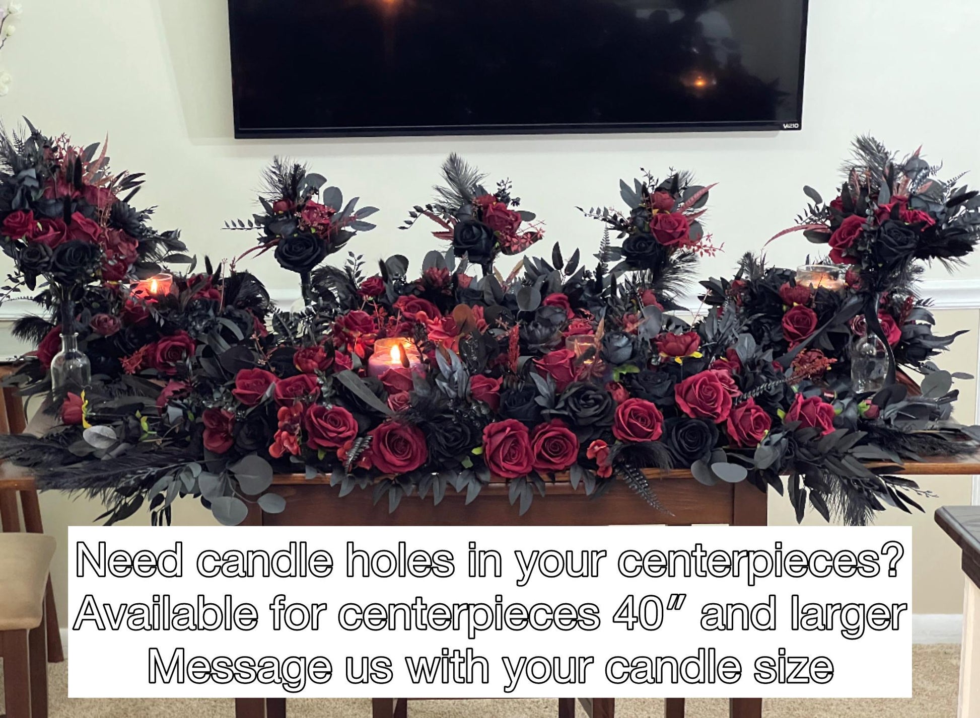 Wedding Sweetheart Table Runner Black Centerpiece Burgundy Candle Fireplace Mantle Ostrich Feathers Gothic Halloween Arch Arrangement Arbor