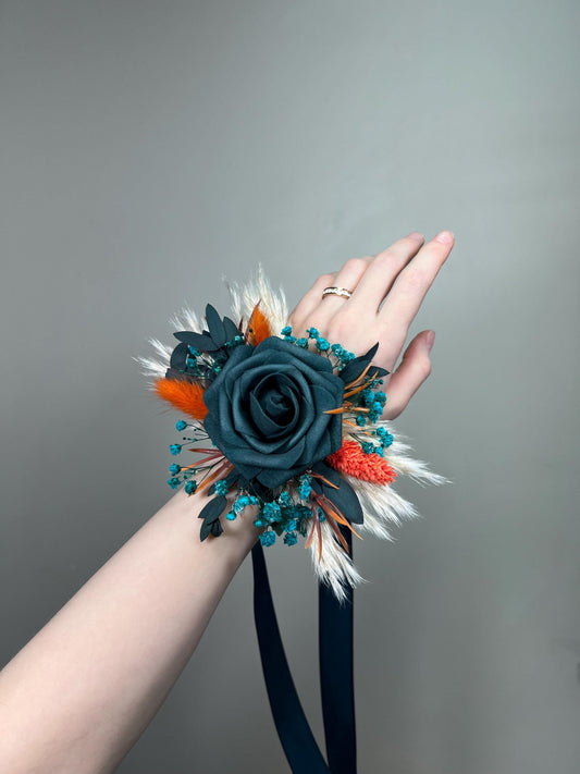 Dark Teal Corsage, Wedding Teal Blue Wrist Corsage, Bridesmaids Terracotta Boho Corsage Pampas Grass Reddit