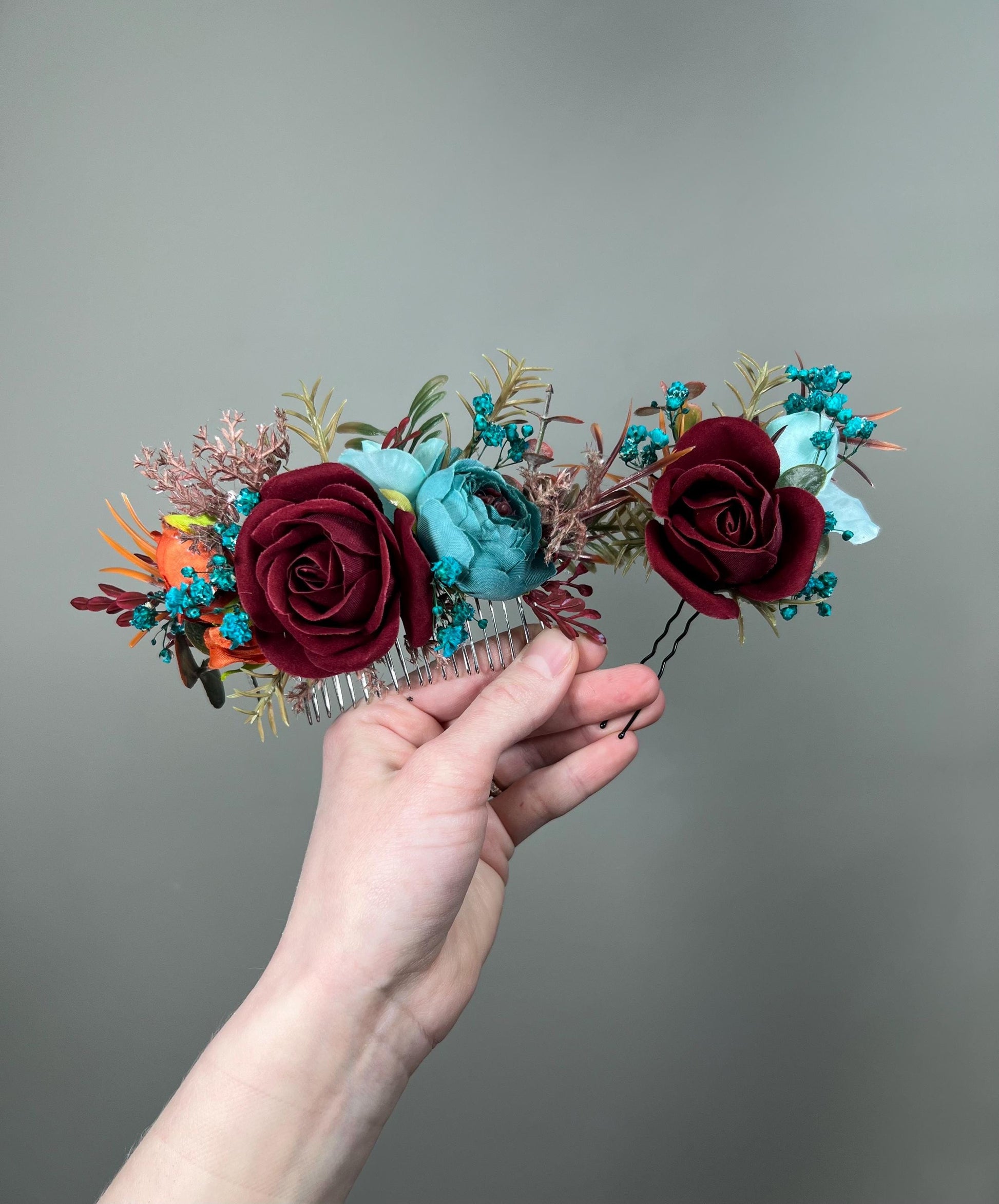Teal Orange Burgundy Bouquet Bridal Turquoise Terracotta Wine Red Bridesmaids Bouquet Burnt Orange Teal Blue Maroon Artificial Flower