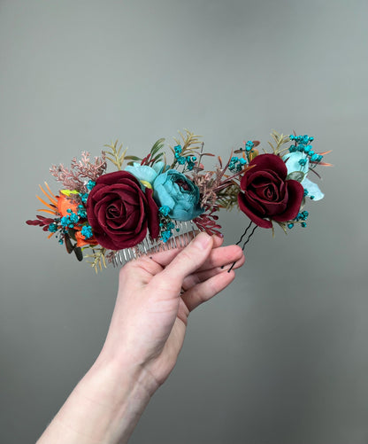 Burgundy Teal Hair Comb, Wedding Burnt Orange Teal Blue Hair Piece Bridal, Hair Accessories Artificial Flowers