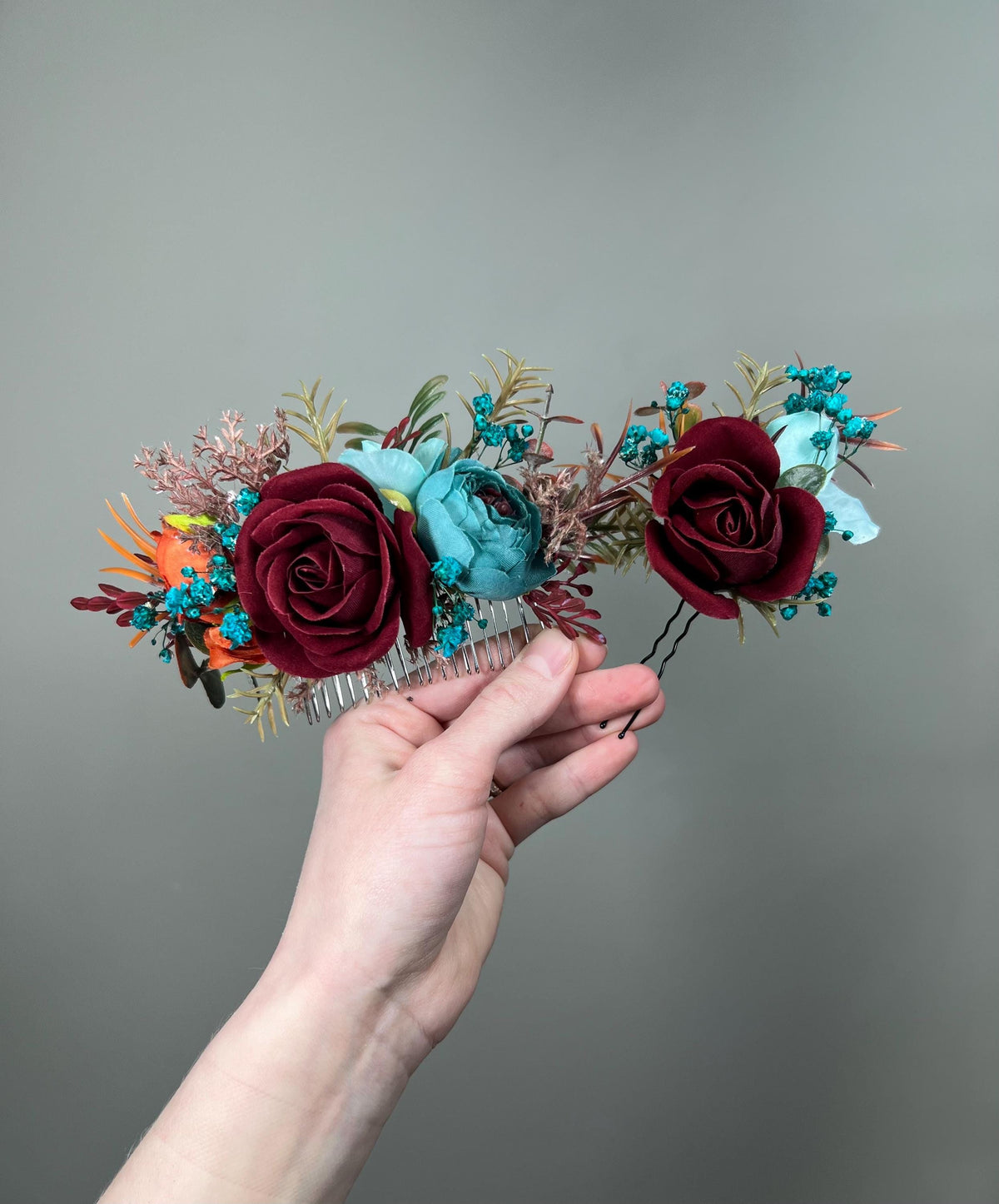 Burgundy Teal Hair Comb, Wedding Burnt Orange Teal Blue Hair Piece Bridal, Hair Accessories Artificial Flowers Reddit