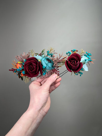 Burgundy Teal Hair Comb, Wedding Burnt Orange Teal Blue Hair Piece Bridal, Hair Accessories Artificial Flowers Reddit