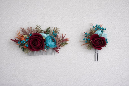 Burgundy Teal Hair Comb, Wedding Burnt Orange Teal Blue Hair Piece Bridal, Hair Accessories Artificial Flowers
