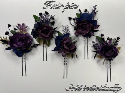 Plum Hair Pin Wedding Navy Blue Flower Girl Headpiece Floral Purple Dark Blue Hair Pin Accessories Plum Blue Hair Pin Artificial Flower