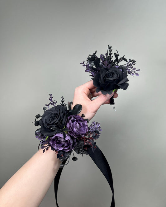 Black Dark Purple Boutonnière, Wedding Groom Gothic Pin-on Boutonnière, Groomsmen Plum Lapel Flower Buttonhole
