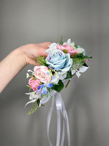 Blue Pink Flower Crown, Wedding Pastel Bridal HeadPiece, Spring Hair Wreath, White Sky Blue Blush Floral Crown