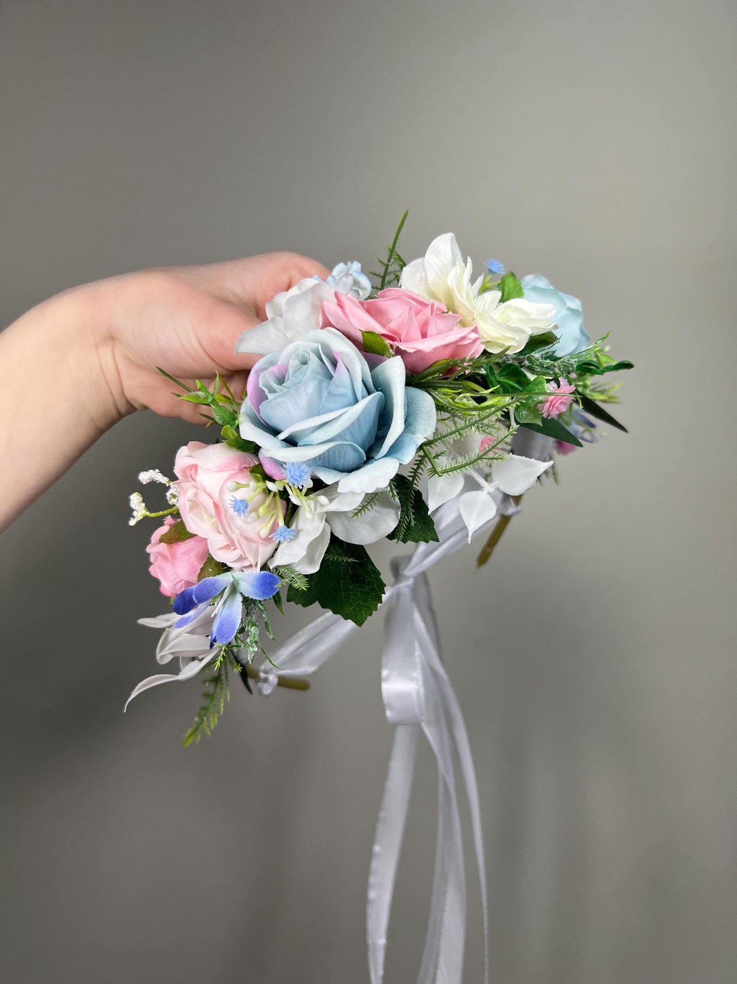 Blue Pink Flower Crown, Wedding Pastel Bridal HeadPiece, Spring Hair Wreath, White Sky Blue Blush Floral Crown
