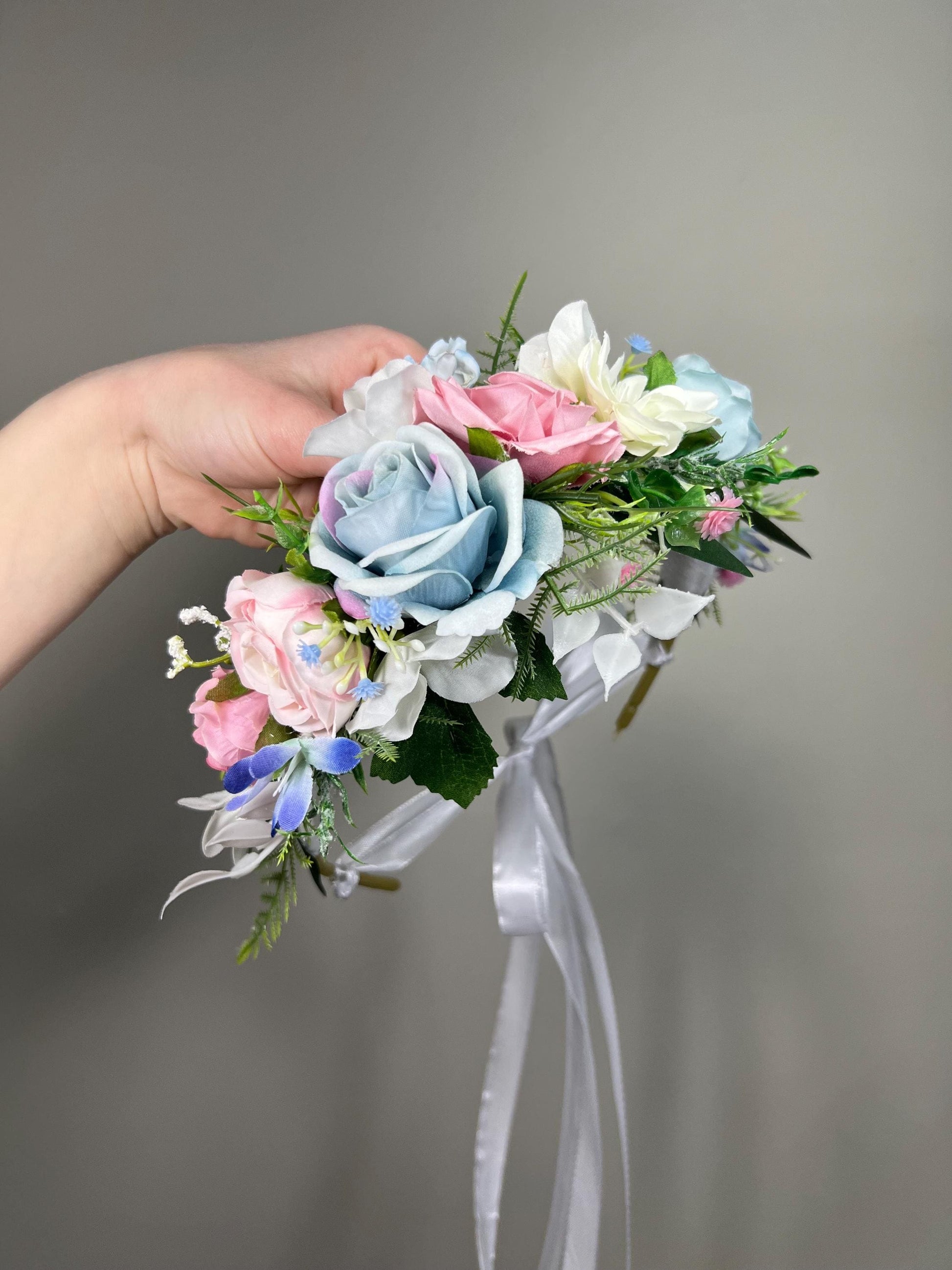 Blue Pink Flower Crown, Wedding Pastel Bridal HeadPiece, Spring Hair Wreath, White Sky Blue Blush Floral Crown