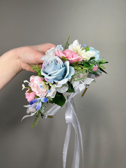 Blue Pink Flower Crown, Wedding Pastel Bridal HeadPiece, Spring Hair Wreath, White Sky Blue Blush Floral Crown