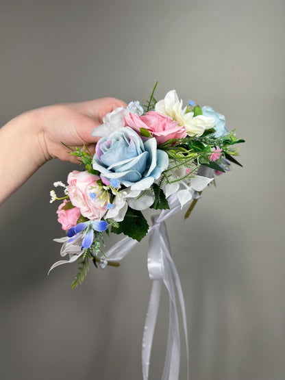 Blue Pink Flower Crown, Wedding Pastel Bridal HeadPiece, Spring Hair Wreath, White Sky Blue Blush Floral Crown Reddit