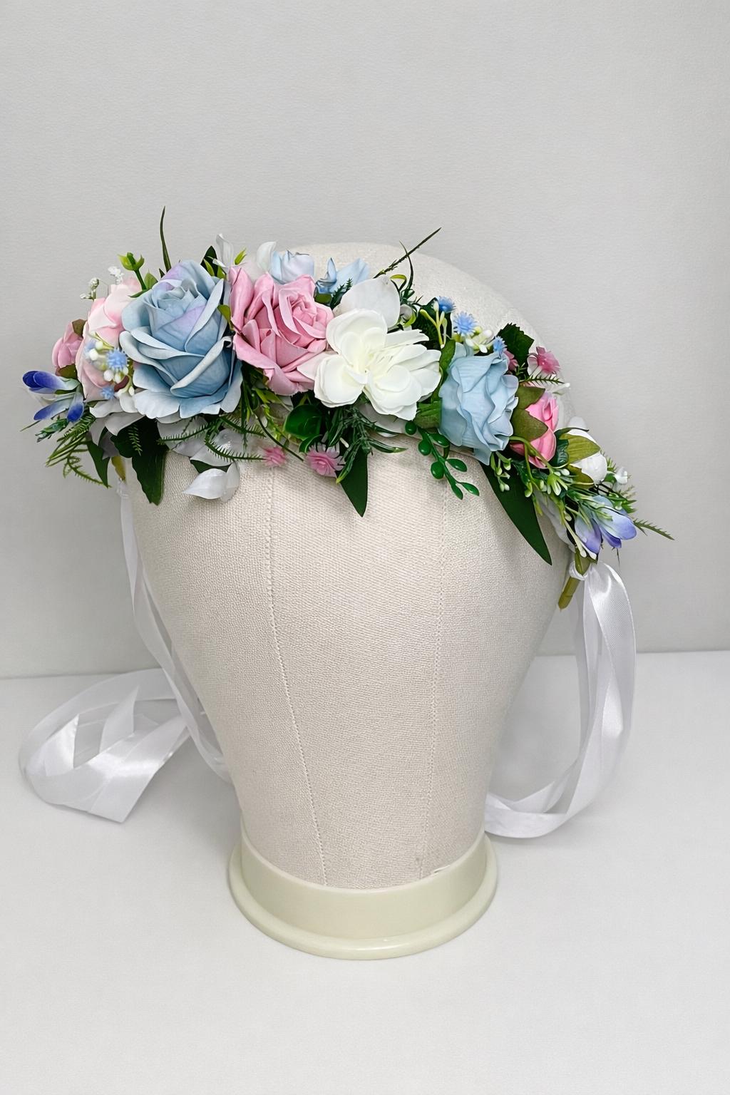 Blue Pink Flower Crown, Wedding Pastel Bridal HeadPiece, Spring Hair Wreath, White Sky Blue Blush Floral Crown
