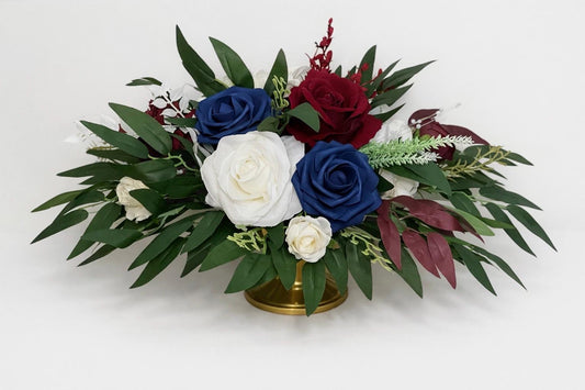 Navy Burgundy Centerpiece, Red White Blue Table Decor, Patriotic Floral Arrangement, Military Wedding Reception
