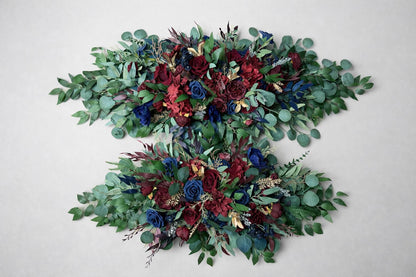 Burgundy & Navy Wedding Bridal Bouquet with Gold Accents Silk and Velvet Flowers