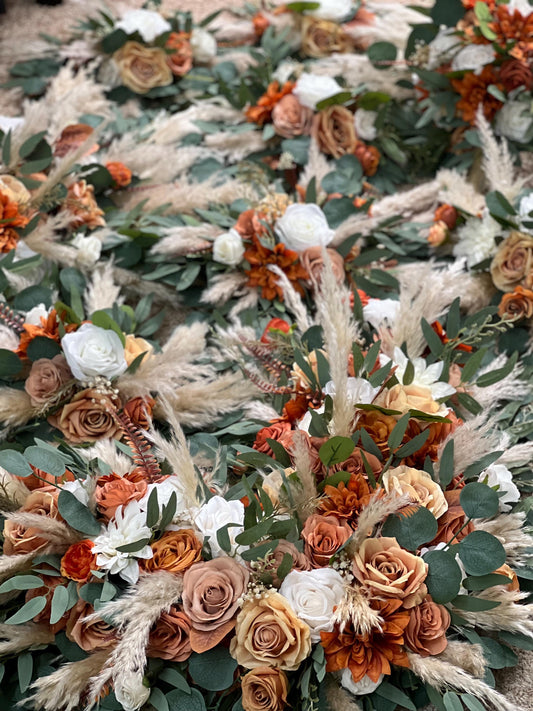 Burnt Orange White Arch Arrangement, Wedding Boho Terracotta Arbor Arrangements, Pampas Grass Rust Backdrop Decor Flowers