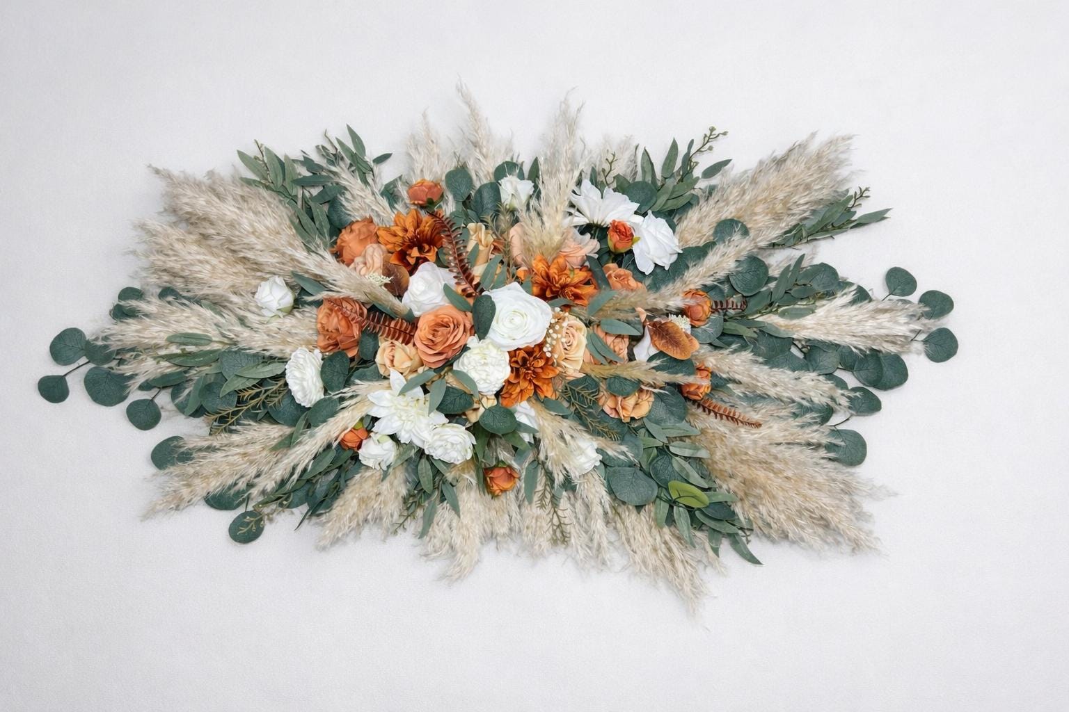 Burnt Orange White Arch Arrangement, Wedding Boho Terracotta Arbor Arrangements, Pampas Grass Rust Backdrop Decor Flowers